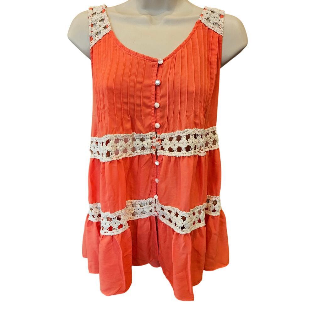 Anthropologie orange satin Melisande Tank Top cottagecore sz 2  Crochet Trim EUC